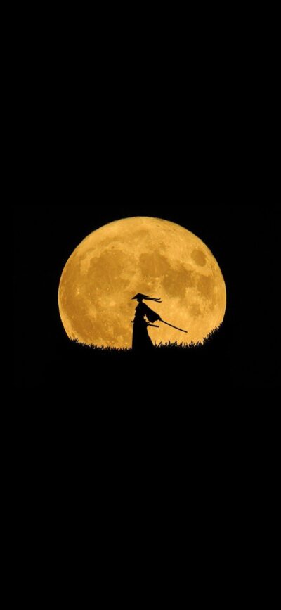 Samurai silhouette against a glowing yellow moon, evoking drama and serenity with traditional hat and sword | 4K Wallpaper for Mobile