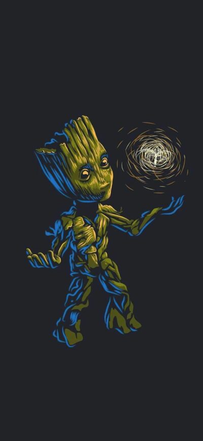 Groot from Guardians of the Galaxy in a playful pose with energy swirl. Dark, green, and blue tones | 4K Wallpaper for Mobile