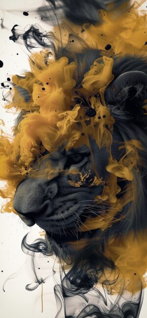 Majestic lion with black and gold smoke swirling mane | 4K Wallpaper for Mobile