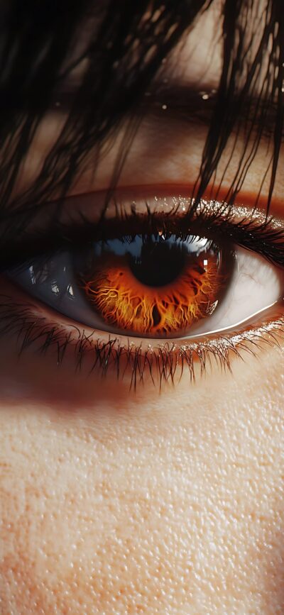 Close-up of a vibrant human eye with orange iris and fiery patterns, detailed lashes for depth. | 4K Wallpaper, for Mobile