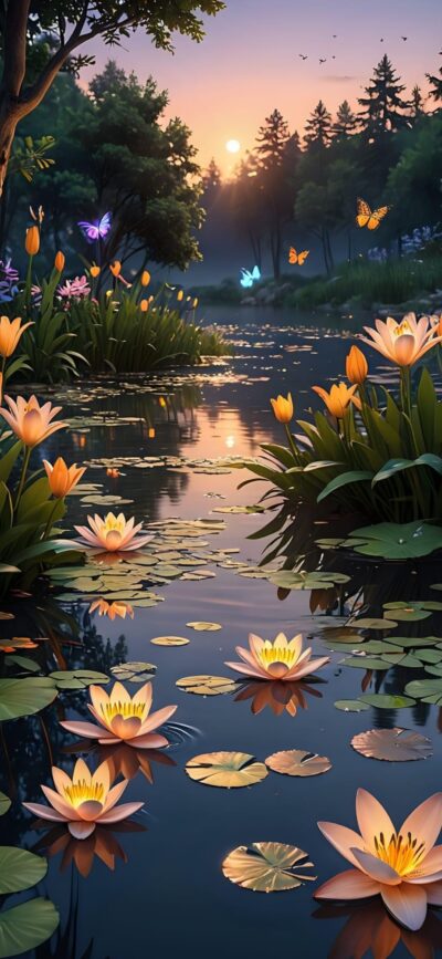 A serene sunset pond scene with Lotus flowers, butterflies, lush greenery, and forest backdrop | 4K Wallpaper for Mobile