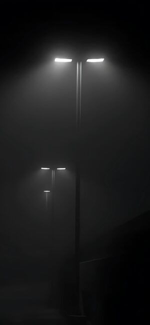 Streetlights illuminate a foggy night, creating a mysterious urban scene with light-shadow interplay. | 4K Wallpaper for Mobile