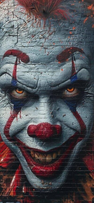 Menacing clown face with evil grin on a brick wall; horror theme in red, blue, and gray | 4K Wallpaper for Mobile