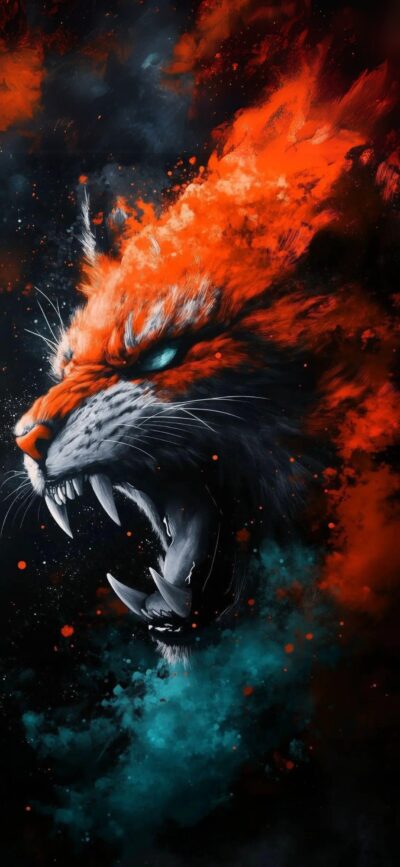 Fiery roaring tiger with intense expression, vibrant orange, blue, black colors evoke flames and smoke | 4K Wallpaper for Mobile