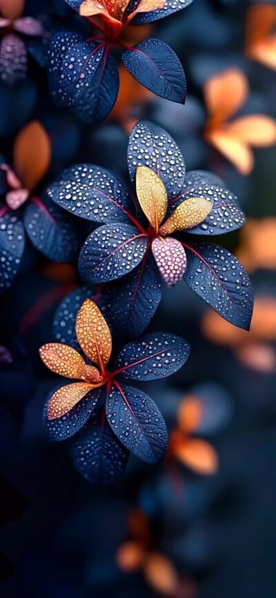 Close-up of dew-covered leaves in dark blue and warm orange hues, creating a captivating contrast. | 4K Wallpaper for Mobile