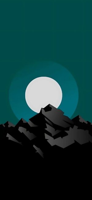 Mountain silhouette under a large moon against a dark teal sky, minimalist landscape | 4K Wallpaper, for Mobile