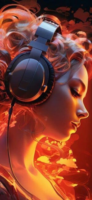 Vibrant 4K wallpaper for mobile featuring a person with headphones amidst fiery colors, highlighting music and modern artistry.