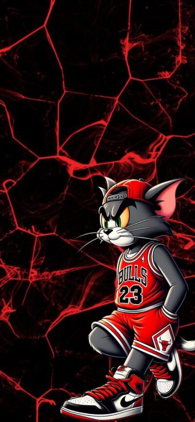 Cartoon character styled like Tom from "Tom and Jerry" in Chicago Bulls jersey #23, red and black abstract background | 4K Wallpaper for Mobile