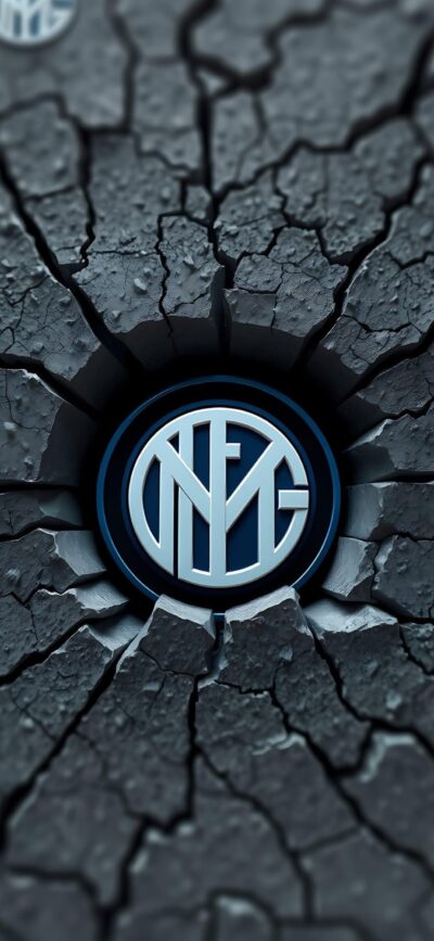 Inter Milan logo on cracked texture; dark, dramatic background | 4K Wallpaper for Mobile | Black, blue, gray palette