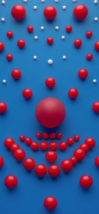 Red and white spheres on blue background, creating a striking abstract pattern | 4K Wallpaper for Mobile