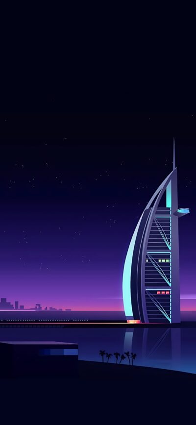 Burj Al Arab under a starry night sky, illuminated in blue and pink with palm trees and reflection | 4K Wallpaper for Mobile