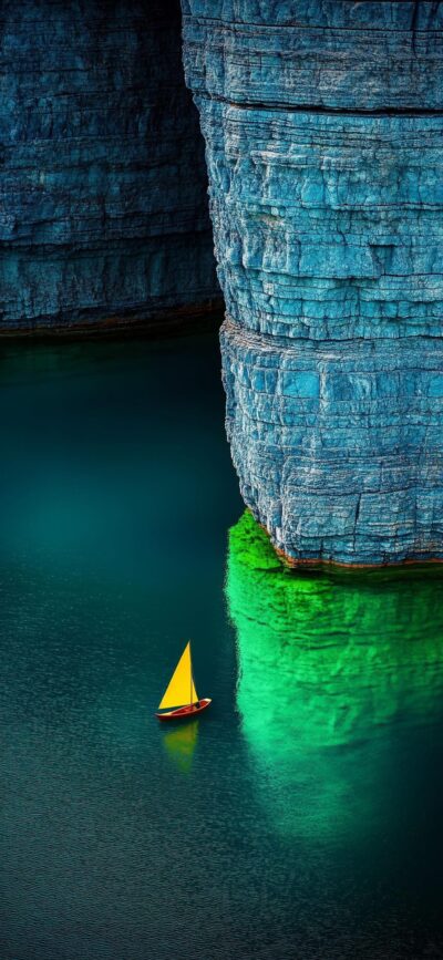 Serene landscape with a yellow sailboat on blue-green water by a rock face | 4K Wallpaper for Mobile | Blue, Green, Yellow