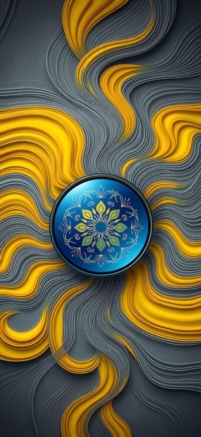 Vibrant abstract wallpaper with yellow and gray swirling patterns, central blue floral motif | 4K Wallpaper for Mobile