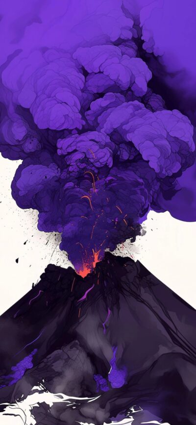 Artistic volcanic eruption with vivid purple smoke, fiery lava, and abstract elements. | 4K Wallpaper, for Mobile