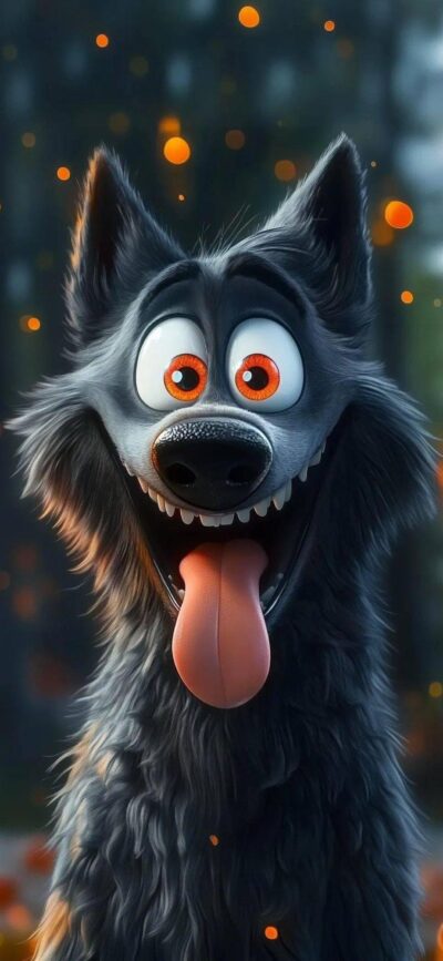 Animated black wolf with excited eyes and tongue out, against blurred forest with orange specks | 4K Wallpaper for Mobile