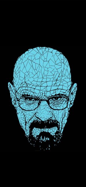 Geometric bald character with glasses on black background in mosaic style | 4K Wallpaper for Mobile | Blue accents.