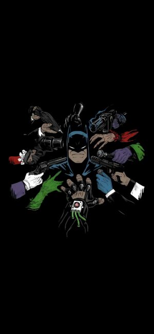 Batman surrounded by guns in dramatic dark background, embodying tension and heroism. Black, green, blue hues. | 4K Wallpaper for Mobile