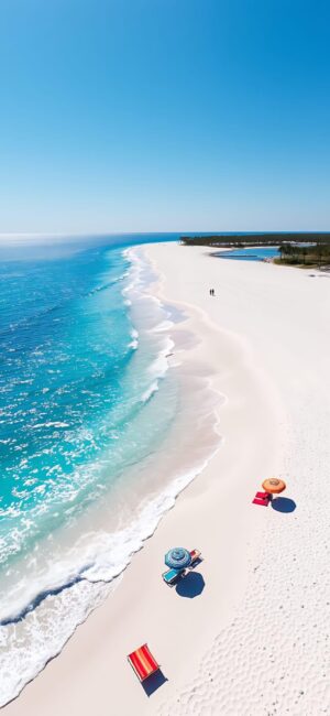 Picturesque beach scene with white sand, blue ocean, colorful chairs, umbrellas, clear sky | 4K Wallpaper for Mobile