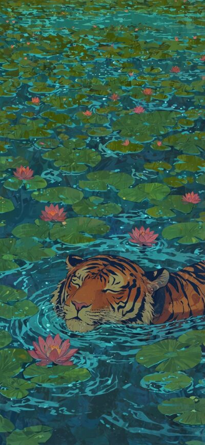 Majestic tiger swimming in a serene pond with green lily pads and pink lotus flowers | 4K Wallpaper for Mobile