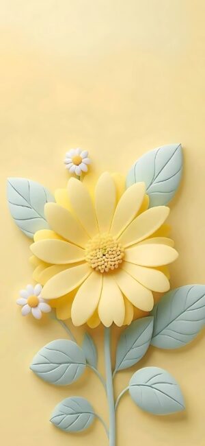 Minimalist yellow daisy with pastel green leaves on a matching background for a calming floral theme | 4K Wallpaper for Mobile.