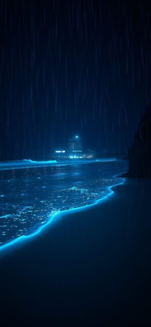 Glowing ocean shoreline under rainfall at night with blue waves and distant lights for intrigue | 4K Wallpaper for Mobile | Fantasy