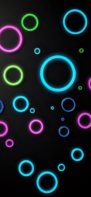 Abstract neon rings in blue, pink, and green on dark background, creating a dynamic modern look | 4K Wallpaper for Mobile