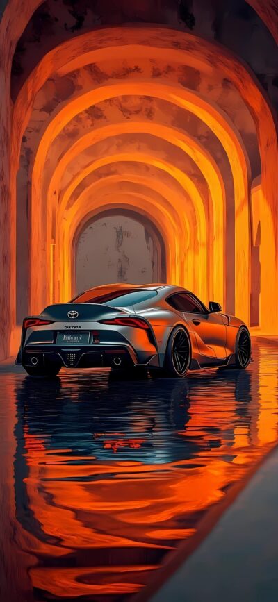 Toyota sports car in a brightly lit arched tunnel, reflecting warm orange and amber hues. | 4K Wallpaper for Mobile