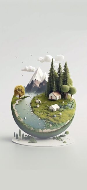 Miniature diorama with a river, trees, and a house; snow-capped mountain and clouds in the backdrop | 4K Wallpaper, for Mobile