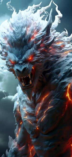 Fiery wolf-like mythical creature with glowing eyes and icy mane against stormy sky. Blue, gray, orange tones | 4K Wallpaper, for Mobile