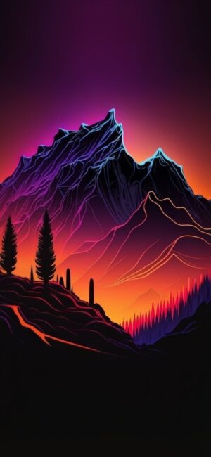 Abstract neon mountain landscape in purple and orange, surreal fantasy ambiance | 4K Wallpaper for Mobile