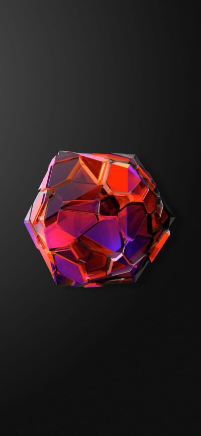 Abstract 3D geometric wallpaper with red and purple glass facets on black background for mobile. | 4K Wallpaper