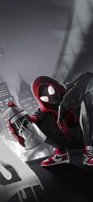 Character resembling Miles Morales with cityscape and graffiti elements | Red, Black, White | 4K Wallpaper for Mobile