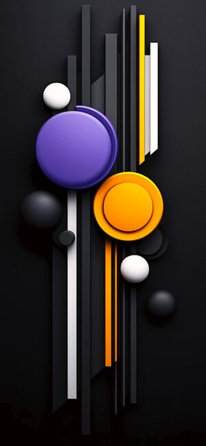 Abstract geometric design with circles and lines in black, purple, orange, white | 4K Wallpaper for Mobile