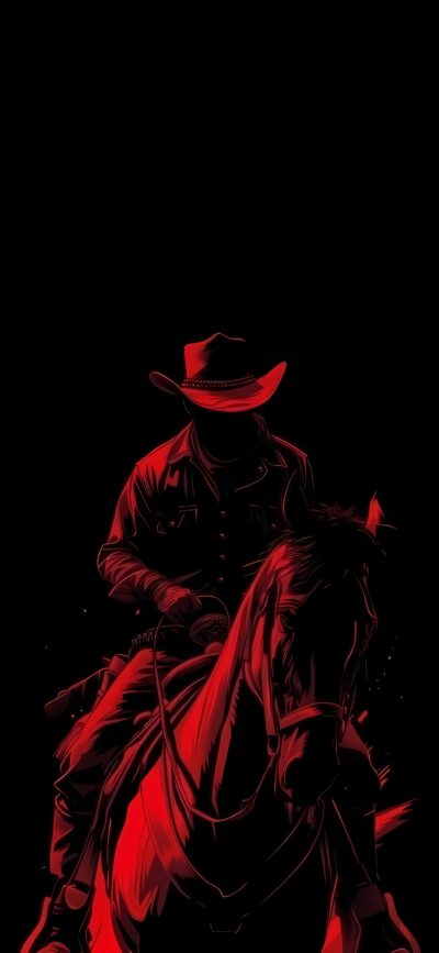 Silhouette of a cowboy on horseback with red highlights, set against a dark background for a dramatic look | 4K Wallpaper for Mobile