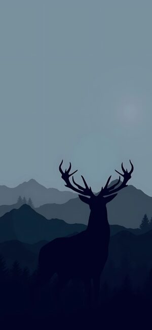 Silhouette deer with layered mountains in serene gradient sky | Blue, Black, Grey | 4K Wallpaper for Mobile