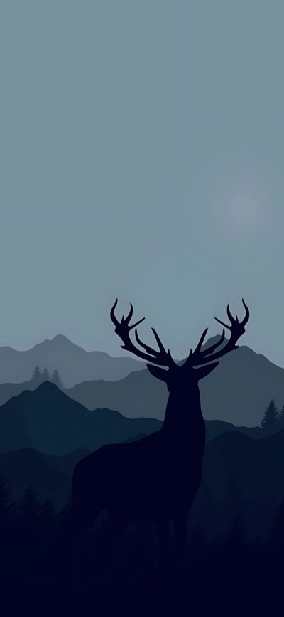 Silhouette deer with layered mountains in serene gradient sky | Blue, Black, Grey | 4K Wallpaper for Mobile