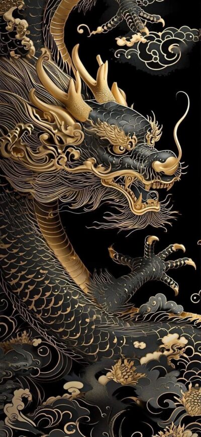 Mythical dragon art with elegant gold and black details. Flowing lines, intricate scales, swirling clouds | 4K Wallpaper for Mobile