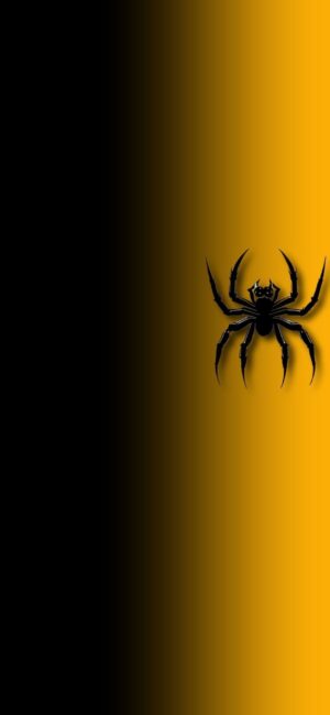 Black spider with crown on gradient black to orange background | 4K Wallpaper for Mobile