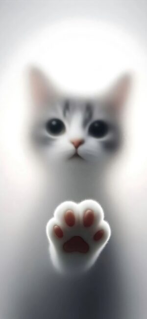 Cute kitten with blurred focus, face and paw on glass, dreamy look | 4K Wallpaper for Mobile | White, Gray, Pink