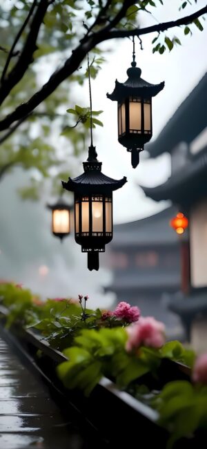 Serene scene with lanterns, green foliage, and flowers against misty Asian architecture. Soft glow accents tranquility | 4K Wallpaper for Mobile