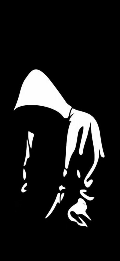 'Hooded figure silhouette on black background | 4K Wallpaper | Monochrome minimalism for Mobile | Black and white theme'