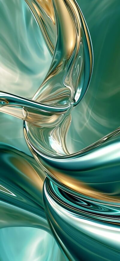 Abstract design with fluid metallic shapes in teal, gold, and silver hues. Smooth, futuristic curves. | 4K Wallpaper for Mobile