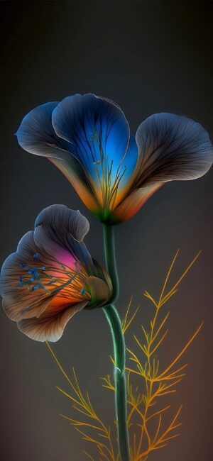 Abstract flower with vibrant blue, orange, purple, and green colors on a dark background | 4K Wallpaper for Mobile