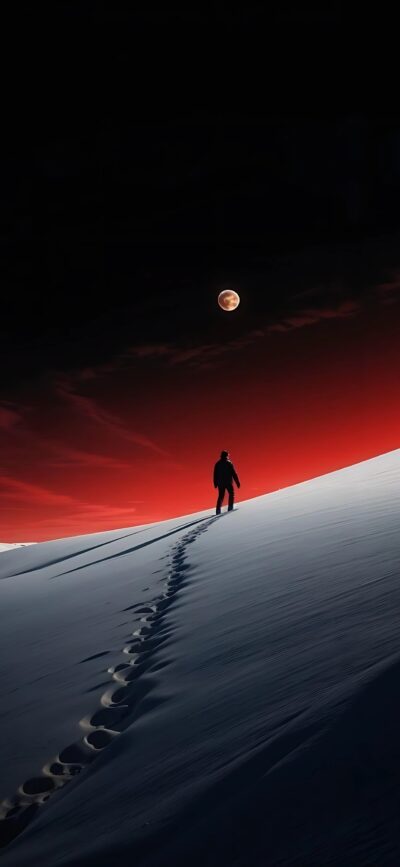 Solitary figure on snow under a red sky and full moon, surreal and serene scene. | 4K Wallpaper for Mobile | Colors: Black, Red, White