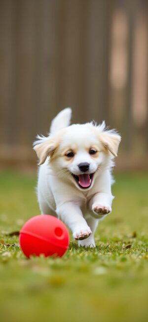 Playful puppy chasing a red ball on a green lawn, vibrant and joyful scene | White, red, green | 4K Wallpaper for Mobile