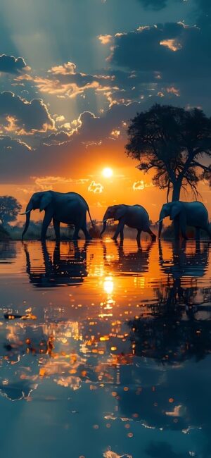 'Elephants in Sunset | 4K Wallpaper for Mobile | Serene nature scene with sunset hues and reflecting water, perfect for mobiles.'