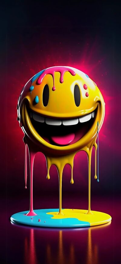 Vibrant dripping smiley face wallpaper in yellow, pink, and blue on dark background, abstract and playful design | 4K Wallpaper for Mobile