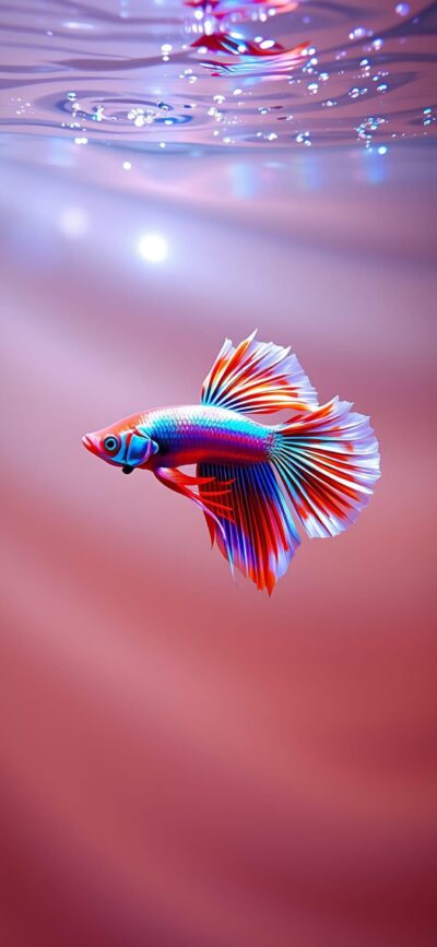 Betta fish with colorful flowing fins on a soft pink background | 4K Wallpaper for Mobile | Pink, Blue, Red colors