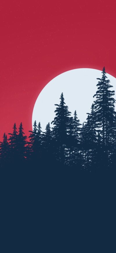 Silhouette of pine trees against a bright moon with a red sky, creating a mysterious ambiance | 4K Wallpaper, for Mobile