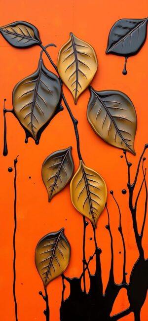 Vibrant leaves in gold, black drip on orange background. Glossy, abstract design. Perfect for mobile | 4K Wallpaper